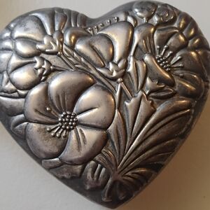 Embossed Floral Heart Trinket Box - Silver Tone